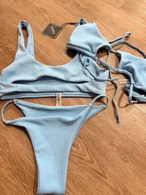 Zaful Sky Blue Ribbed Bikini Set with Scoop Top